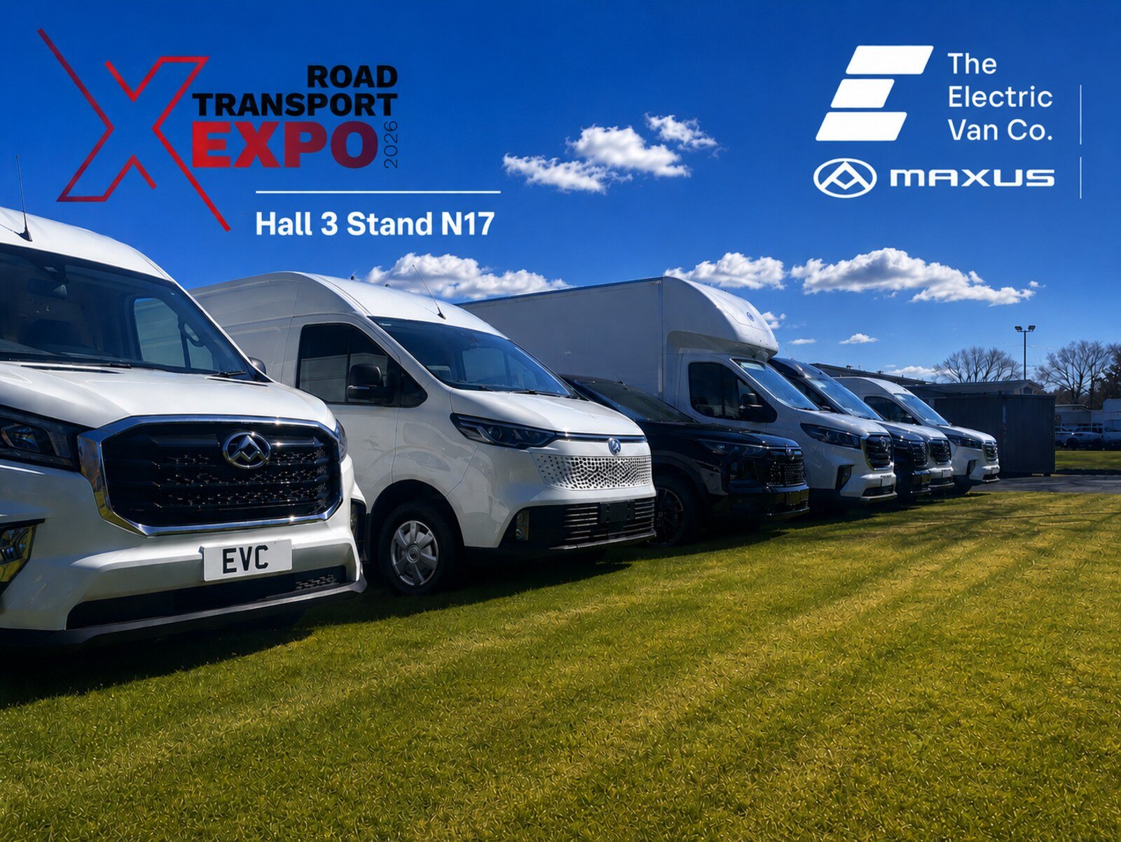 The Electric Van Company at Road Transport Expo 2026 — Maxus vans lined up at Hall 2, Stand G49